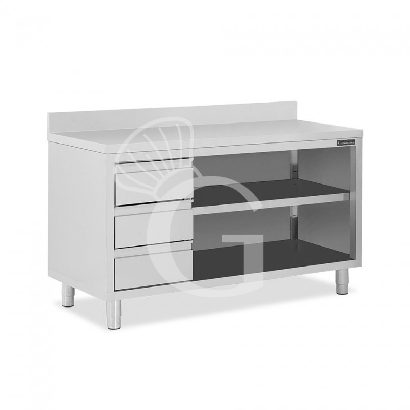 Tavolo a giorno in acciaio inox,3 cassetti a sinistra, alzatina, L 1800 mm x P 700 mm x H 950 mm