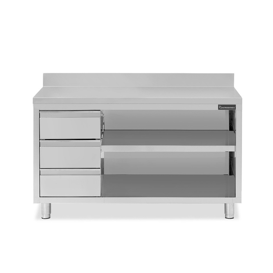 Tavolo a giorno in acciaio inox,3 cassetti a sinistra, alzatina, L 1800 mm x P 700 mm x H 950 mm