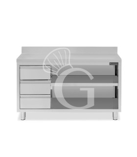 Tavolo a giorno in acciaio inox,3 cassetti a sinistra, alzatina, L 1900 mm x P 700 mm x H 950 mm