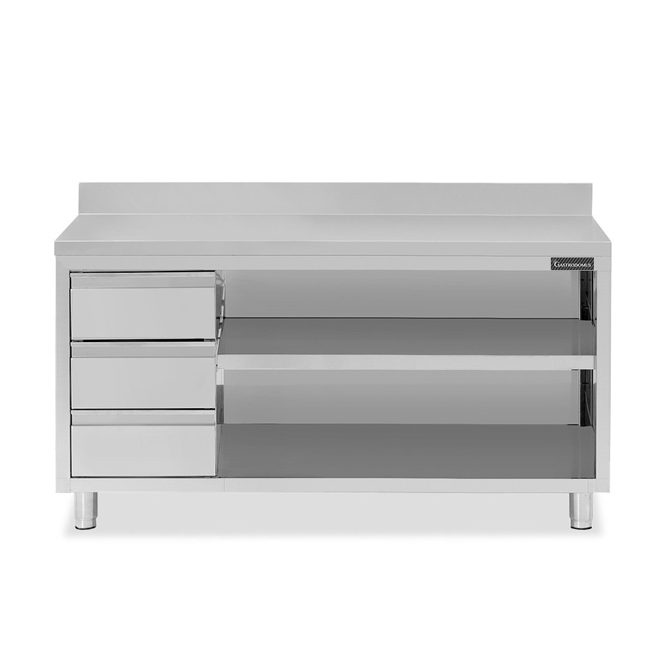 Tavolo a giorno in acciaio inox,3 cassetti a sinistra, alzatina, L 2000 mm x P 700 mm x H 950 mm