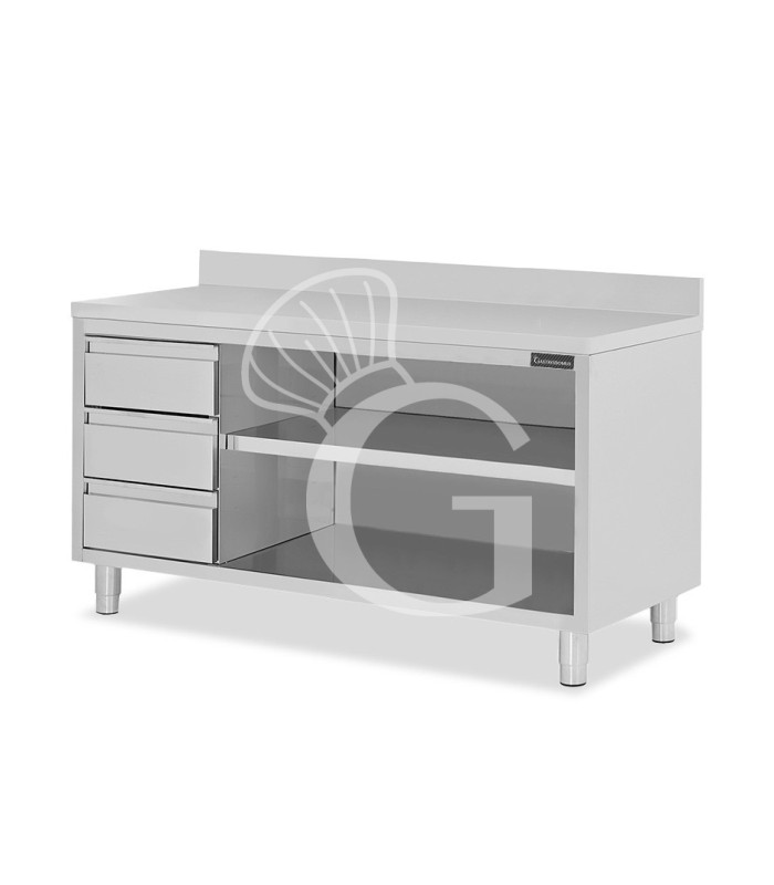 Tavolo a giorno in acciaio inox,3 cassetti a sinistra, alzatina, L 2100 mm x P600 mm x H 950 mm
