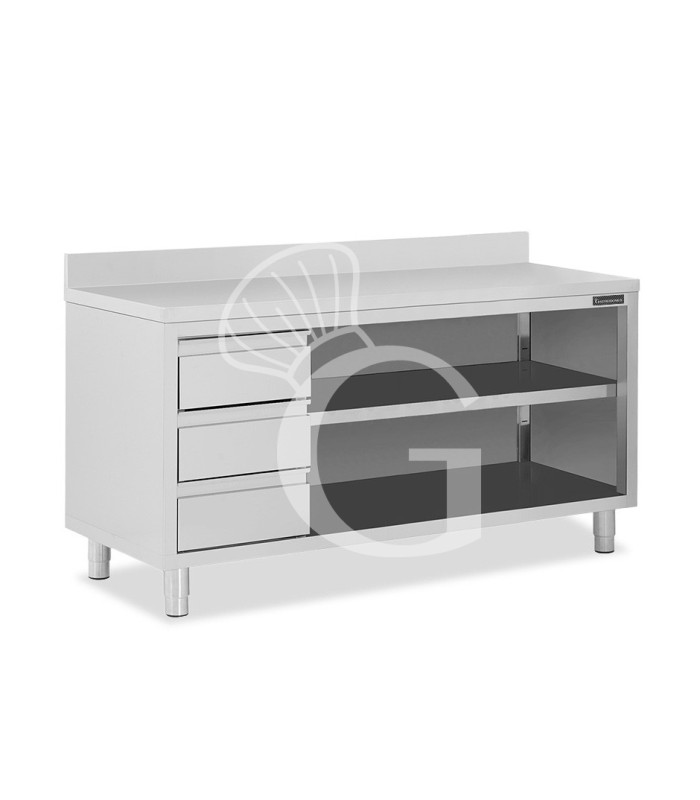 Tavolo a giorno in acciaio inox,3 cassetti a sinistra, alzatina, L 2100 mm x P600 mm x H 950 mm