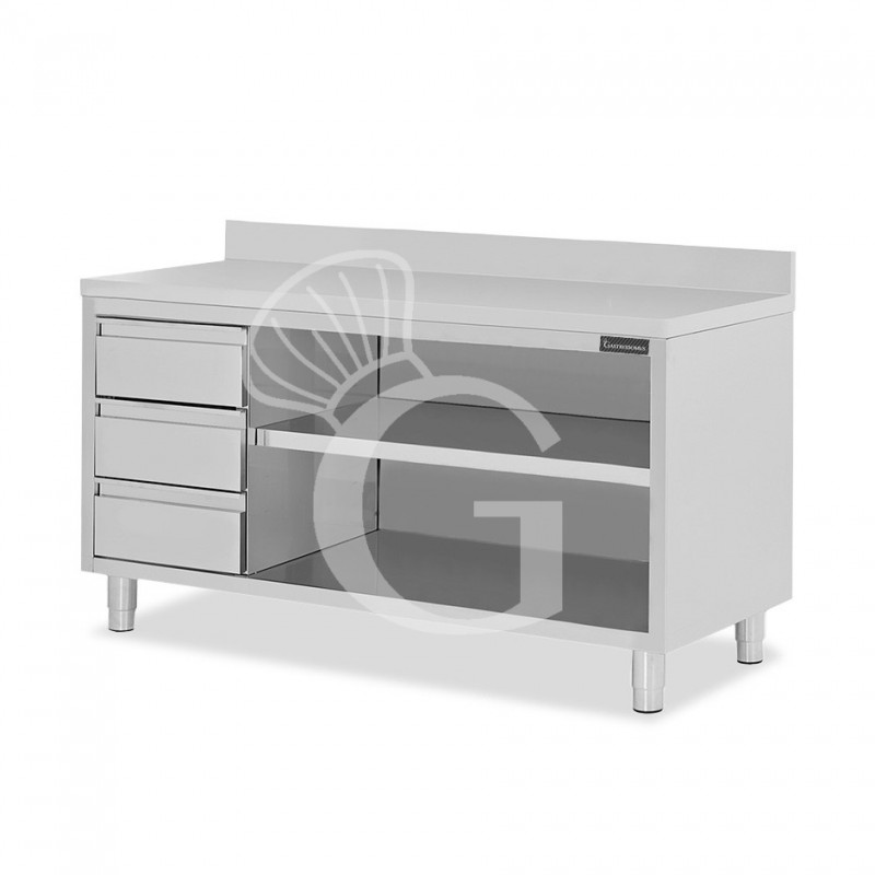 Tavolo a giorno in acciaio inox,3 cassetti a sinistra, alzatina, L 2100 mm x P 700 mm x H 950 mm