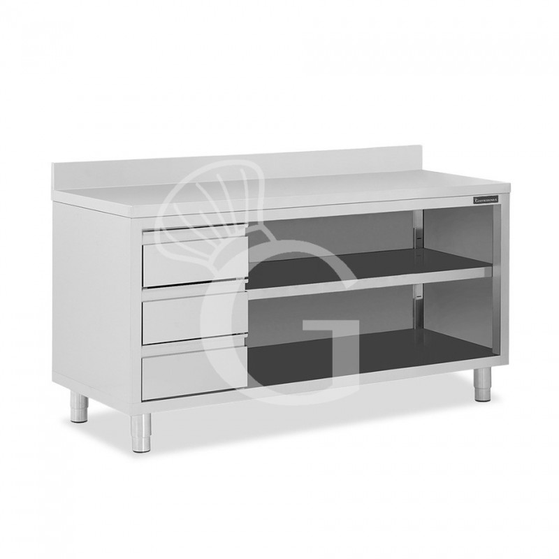 Tavolo a giorno in acciaio inox,3 cassetti a sinistra, alzatina, L 2100 mm x P 700 mm x H 950 mm