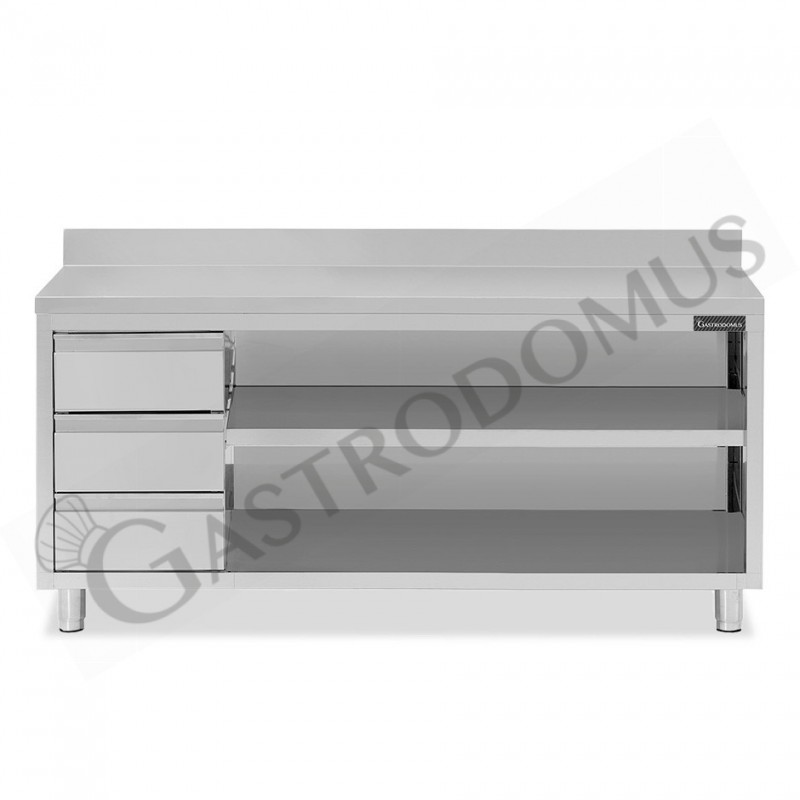 Tavolo a giorno in acciaio inox,3 cassetti a sinistra, alzatina, L 2200 mm x P 700 mm x H 950 mm Tavolo a giorno in acciaio inox,3 cassetti a sinistra, alzatina, L 2200 mm x P 700 mm x H 950 mm