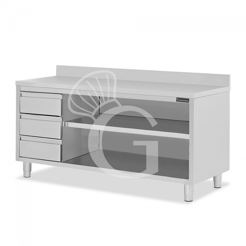 Tavolo a giorno in acciaio inox,3 cassetti a sinistra, alzatina, L 2300 mm x P600 mm x H 950 mm