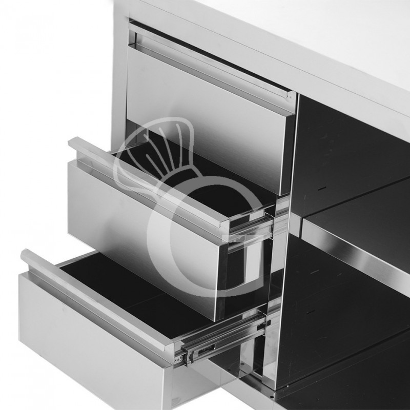 Tavolo a giorno in acciaio inox,3 cassetti a sinistra, alzatina, L 2300 mm x P600 mm x H 950 mm - dettaglio cassetti