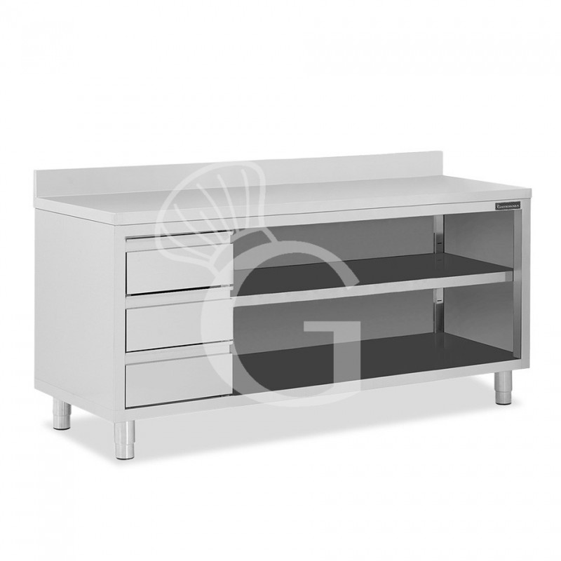 Tavolo a giorno in acciaio inox,3 cassetti a sinistra, alzatina, L 2300 mm x P600 mm x H 950 mm