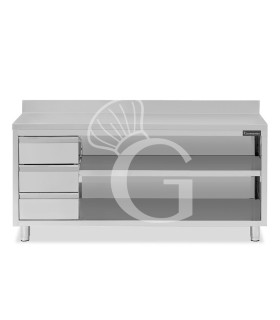 Tavolo a giorno in acciaio inox,3 cassetti a sinistra, alzatina, L 2300 mm x P600 mm x H 950 mm