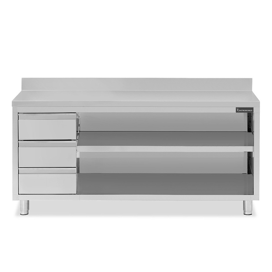 Tavolo a giorno in acciaio inox,3 cassetti a sinistra, alzatina, L 2300 mm x P600 mm x H 950 mm