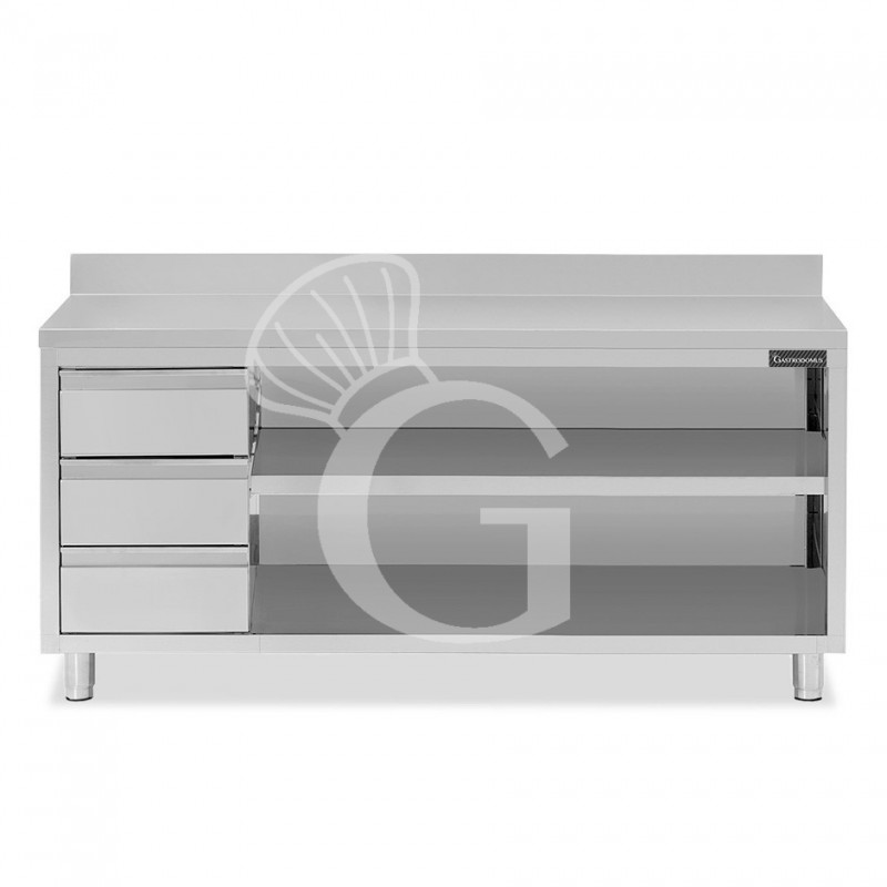 Tavolo a giorno in acciaio inox,3 cassetti a sinistra, alzatina, L 2400 mm x P 700 mm x H 950 mm