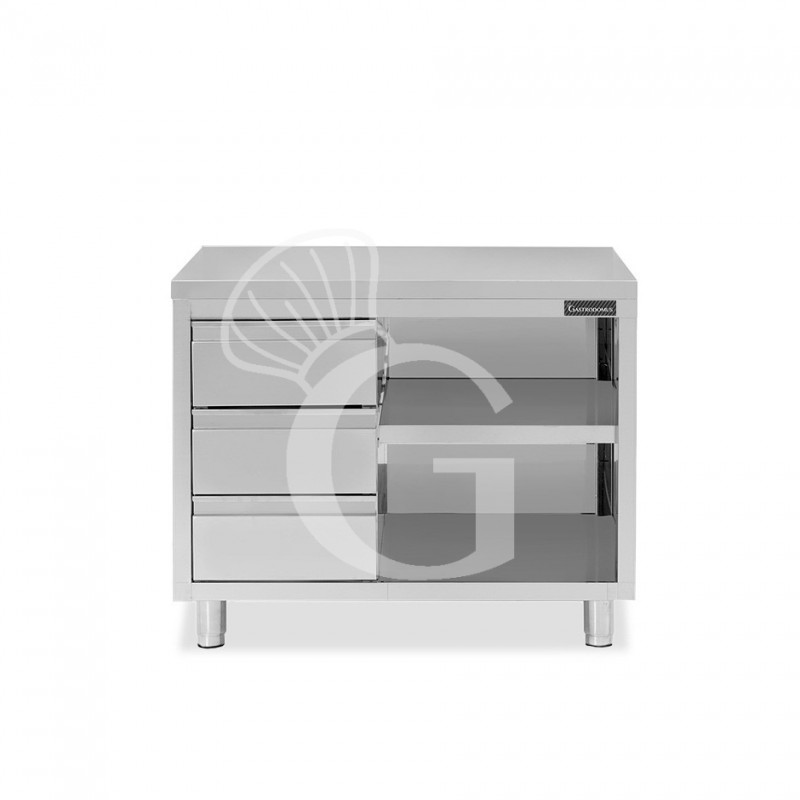 Tavolo a giorno in acciaio inox con 3 cassetti sul lato sinistro, L 1000 mm x P 600 mm x H 850 mm Tavolo a giorno in acciaio inox con 3 cassetti sul lato sinistro, L 1000 mm x P 600 mm x H 850 mm