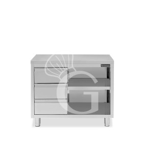 Tavolo a giorno in acciaio inox con 3 cassetti sul lato sinistro, L 1200 mm x P 600 mm x H 850 mm