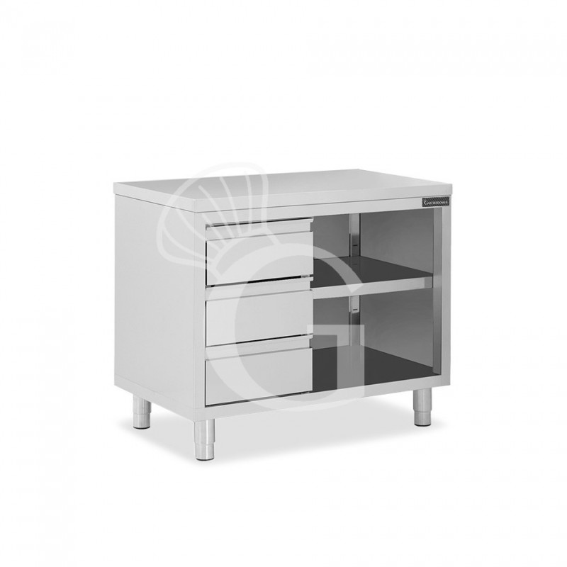 Tavolo a giorno in acciaio inox con 3 cassetti sul lato sinistro, L 1000 mm x P 700 mm x H 850 mm