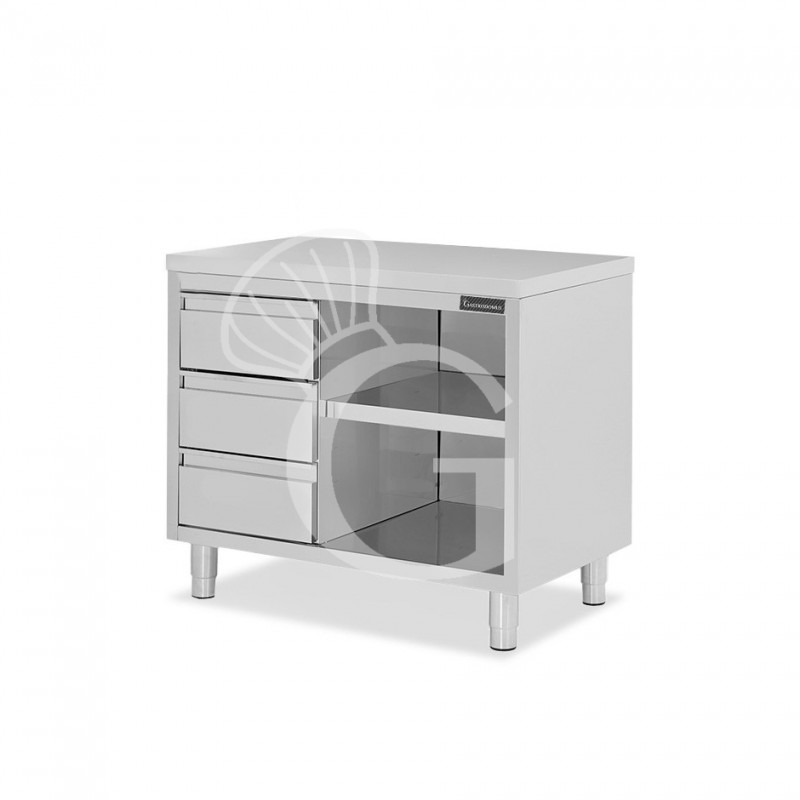 Tavolo a giorno in acciaio inox con 3 cassetti sul lato sinistro, L 1400 mm x P 600 mm x H 850 mm