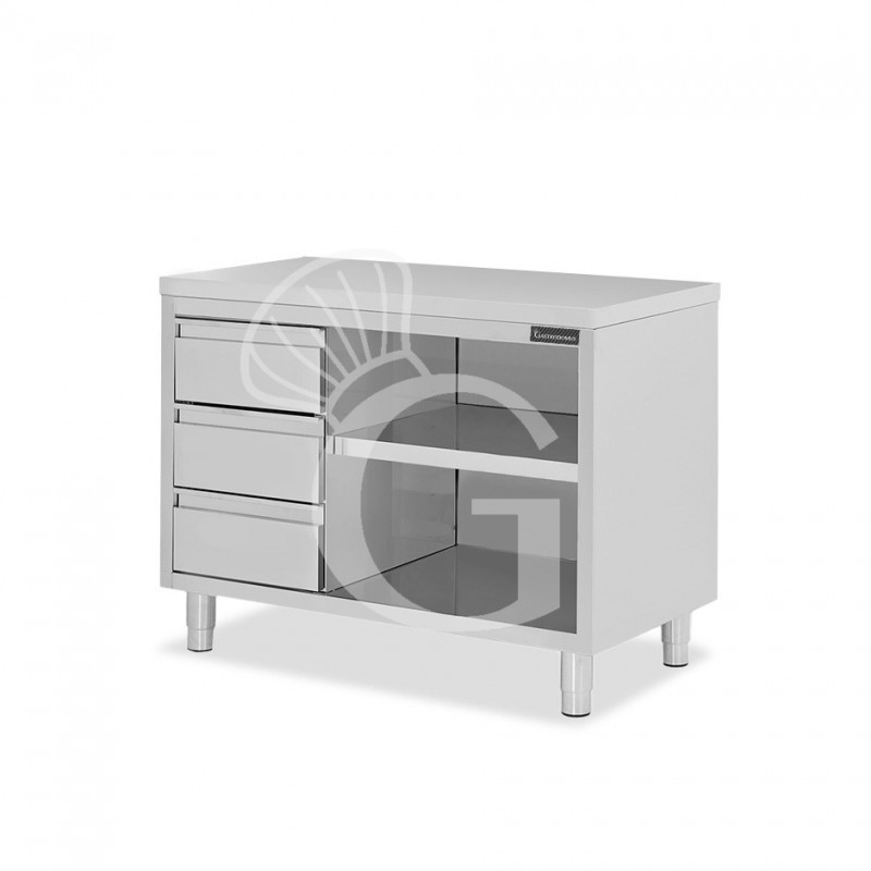 Tavolo a giorno in acciaio inox con 3 cassetti sul lato sinistro, L 1500 mm x P 600 mm x H 850 mm