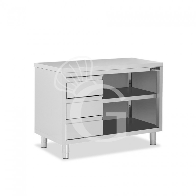 Tavolo a giorno in acciaio inox con 3 cassetti sul lato sinistro, L 1500 mm x P 600 mm x H 850 mm