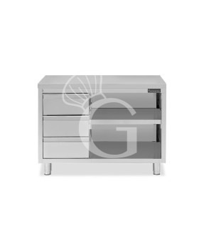 Tavolo a giorno in acciaio inox con 3 cassetti sul lato sinistro, L 1500 mm x P 600 mm x H 850 mm