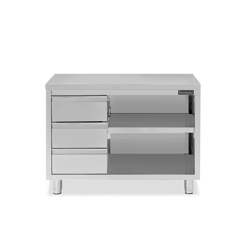 Tavolo a giorno in acciaio inox con 3 cassetti sul lato sinistro, L 1500 mm x P 600 mm x H 850 mm