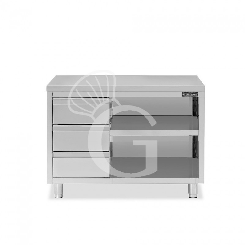 Tavolo a giorno in acciaio inox con 3 cassetti sul lato sinistro, L 1500 mm x P 700 mm x H 850 mm
