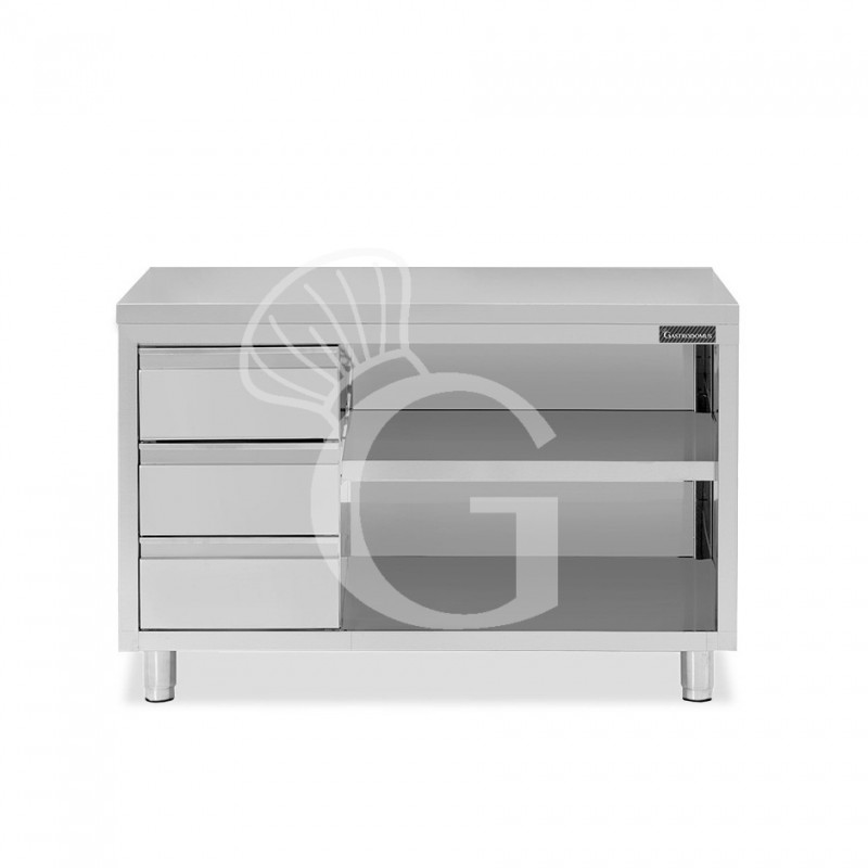 Tavolo a giorno in acciaio inox con 3 cassetti sul lato sinistro, L 1600 mm x P 600 mm x H 850 mm Tavolo a giorno in acciaio inox con 3 cassetti sul lato sinistro, L 1600 mm x P 600 mm x H 850 mm