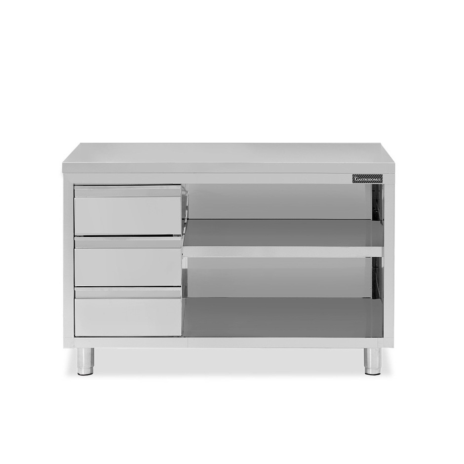 Tavolo a giorno in acciaio inox con 3 cassetti sul lato sinistro, L 1600 mm x P 600 mm x H 850 mm