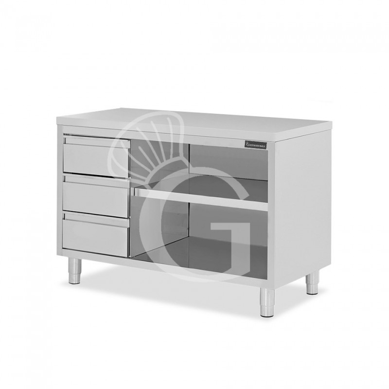 Tavolo a giorno in acciaio inox con 3 cassetti sul lato sinistro, L 1700 mm x P 600 mm x H 850 mm