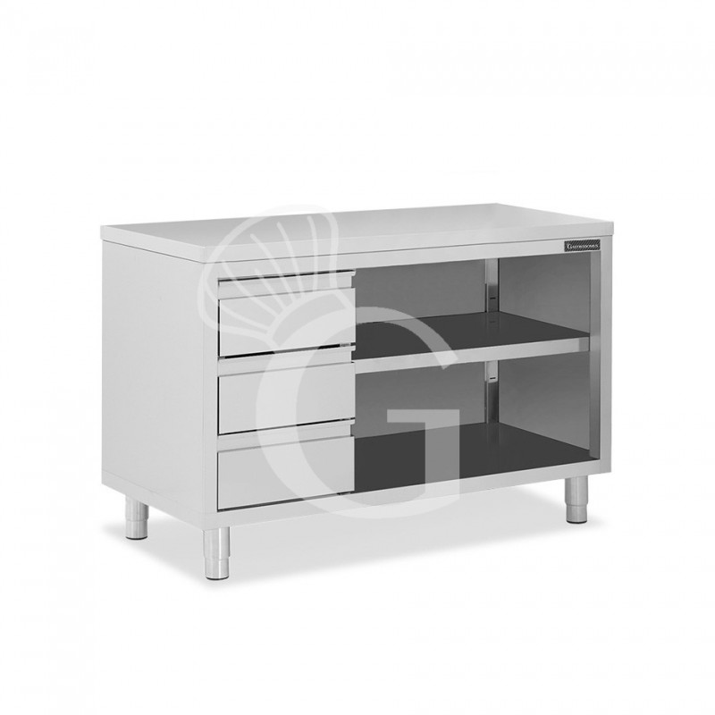Tavolo a giorno in acciaio inox con 3 cassetti sul lato sinistro, L 1700 mm x P 700 mm x H 850 mm