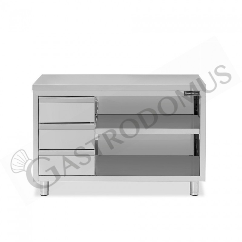 Tavolo a giorno in acciaio inox con 3 cassetti sul lato sinistro, L 1700 mm x P 700 mm x H 850 mm Tavolo a giorno in acciaio inox con 3 cassetti sul lato sinistro, L 1700 mm x P 700 mm x H 850 mm