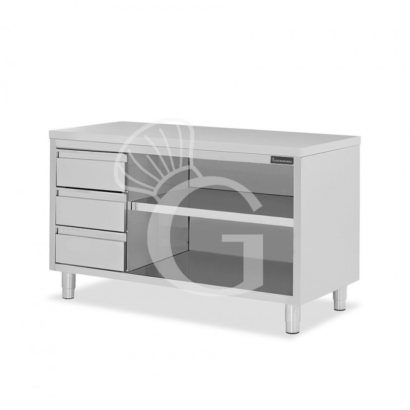 Tavolo a giorno in acciaio inox con 3 cassetti sul lato sinistro, L 1900 mm x P 700 mm x H 850 mm