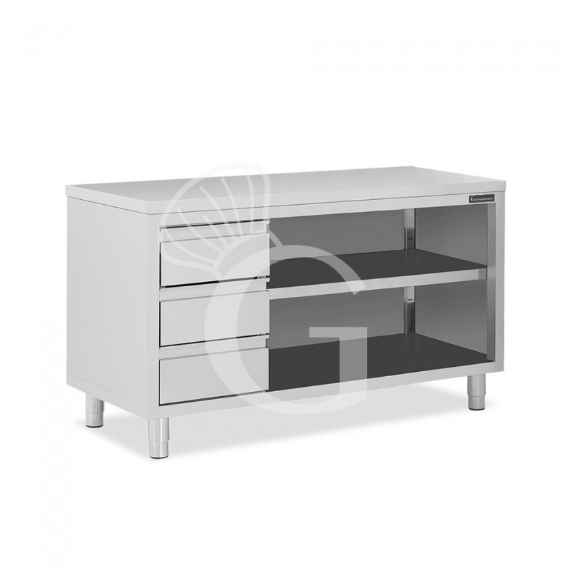 Tavolo a giorno in acciaio inox con 3 cassetti sul lato sinistro, L 1900 mm x P 700 mm x H 850 mm