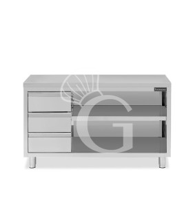 Tavolo a giorno in acciaio inox con 3 cassetti sul lato sinistro, L 1900 mm x P 700 mm x H 850 mm
