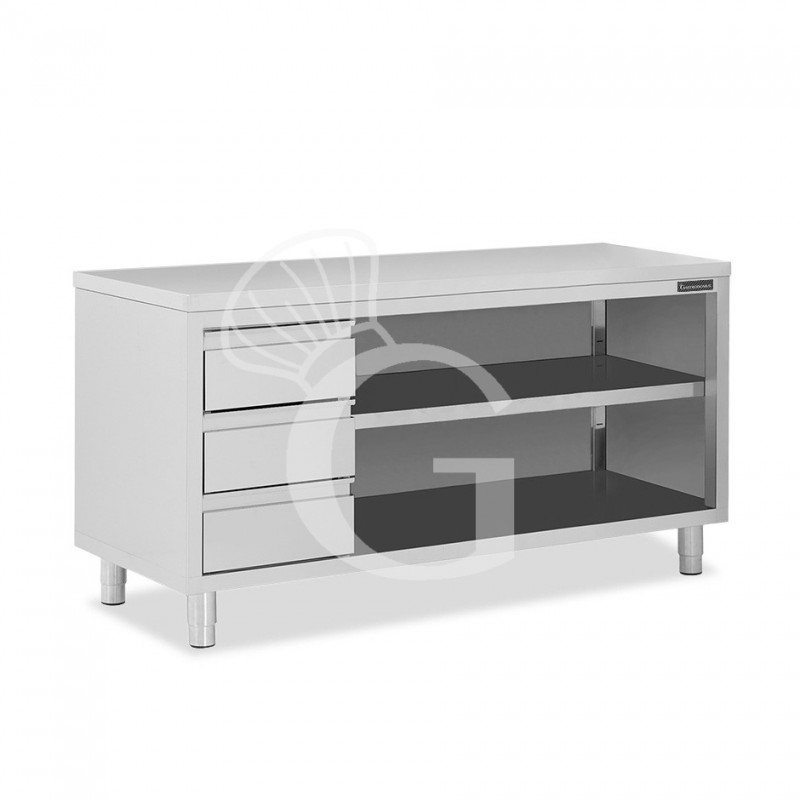 Tavolo a giorno in acciaio inox con 3 cassetti sul lato sinistro, L 2000 mm x P 600 mm x H 850 mm