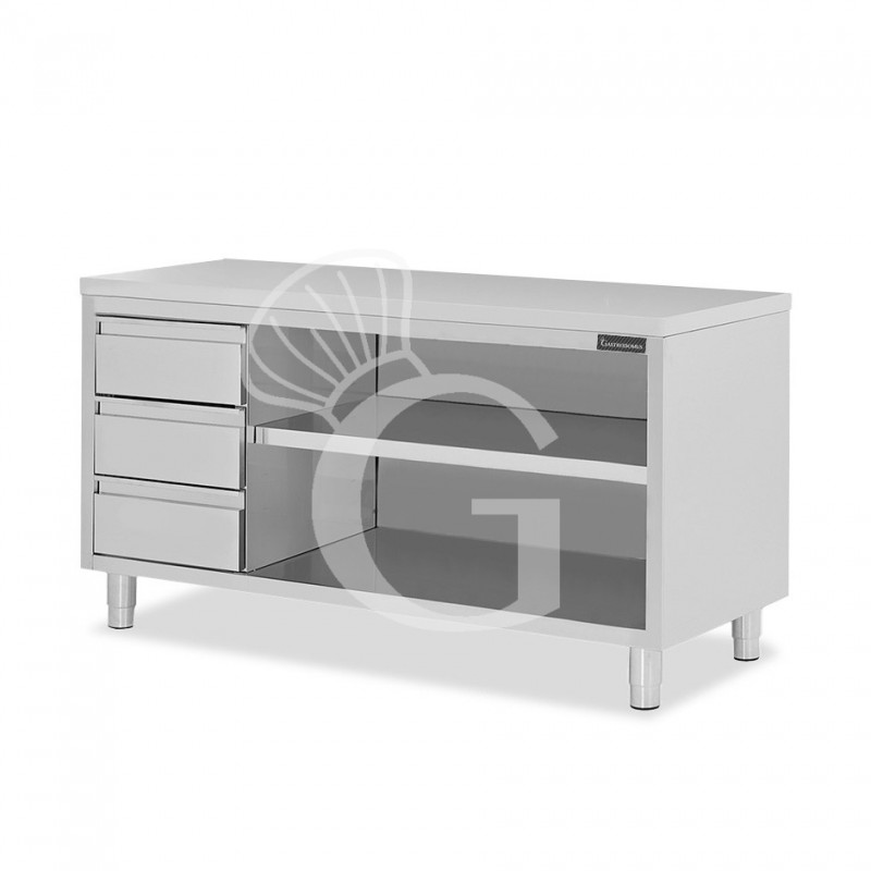 Tavolo a giorno in acciaio inox con 3 cassetti sul lato sinistro, L 2000 mm x P 700 mm x H 850 mm