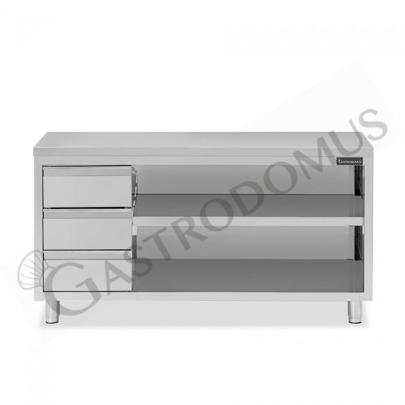 Tavolo a giorno in acciaio inox con 3 cassetti sul lato sinistro, L 2300 mm x P 700 mm x H 850 mm Tavolo a giorno in acciaio inox con 3 cassetti sul lato sinistro, L 2300 mm x P 700 mm x H 850 mm