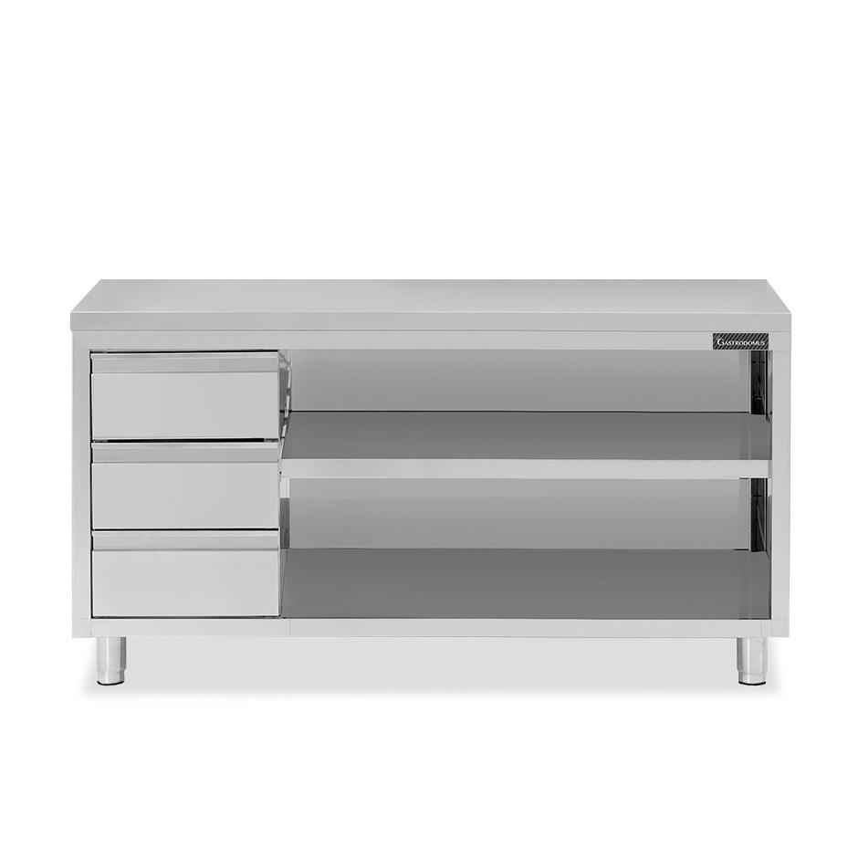 Tavolo a giorno in acciaio inox con 3 cassetti sul lato sinistro, L 2300 mm x P 700 mm x H 850 mm