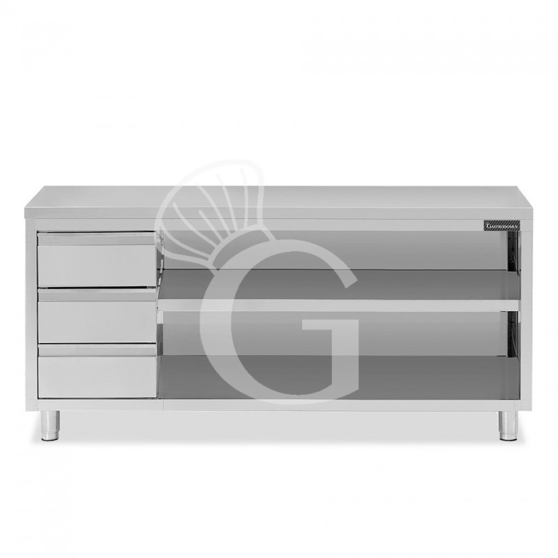 Tavolo a giorno in acciaio inox con 3 cassetti sul lato sinistro, L 2300 mm x P 600 mm x H 850 mm