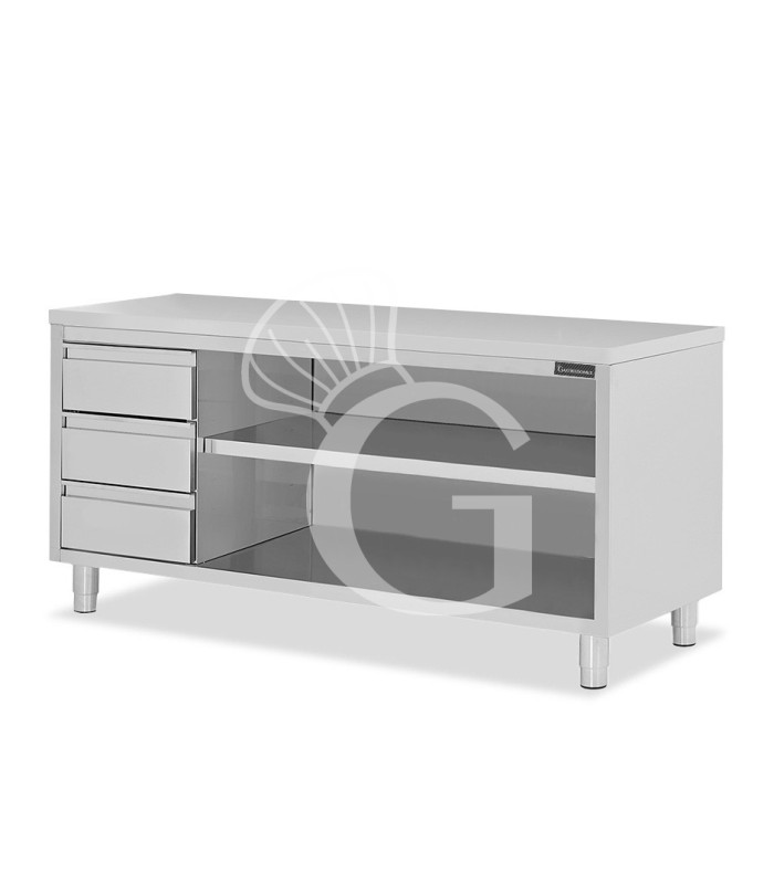 Tavolo a giorno in acciaio inox con 3 cassetti sul lato sinistro, L 2400 mm x P 700 mm x H 850 mm