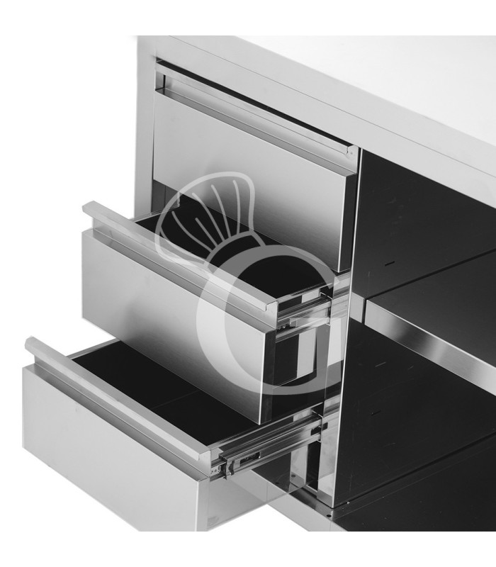Tavolo a giorno in acciaio inox con 3 cassetti sul lato sinistro, L 2400 mm x P 700 mm x H 850 mm - dettaglio cassetti