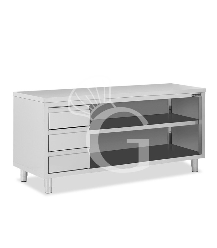 Tavolo a giorno in acciaio inox con 3 cassetti sul lato sinistro, L 2400 mm x P 700 mm x H 850 mm
