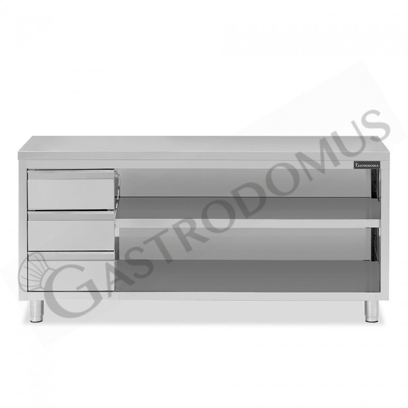 Tavolo a giorno in acciaio inox con 3 cassetti sul lato sinistro, L 2400 mm x P 700 mm x H 850 mm Tavolo a giorno in acciaio inox con 3 cassetti sul lato sinistro, L 2400 mm x P 700 mm x H 850 mm