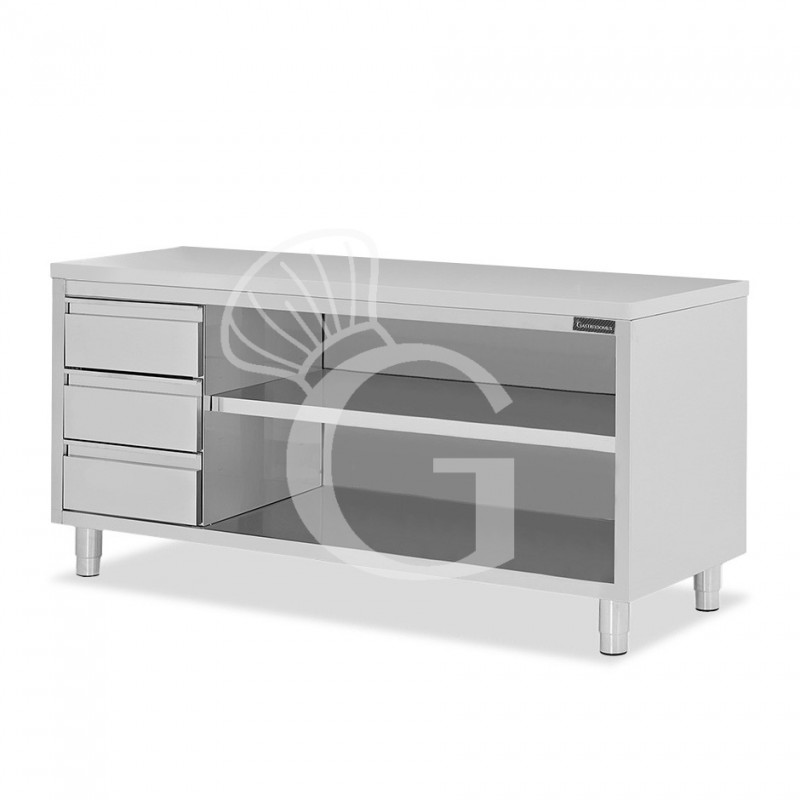 Tavolo a giorno in acciaio inox con 3 cassetti sul lato sinistro, L 2200 mm x P 700 mm x H 850 mm