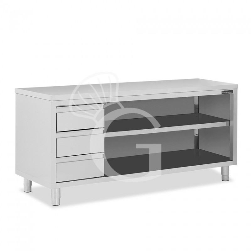 Tavolo a giorno in acciaio inox con 3 cassetti sul lato sinistro, L 2200 mm x P 700 mm x H 850 mm