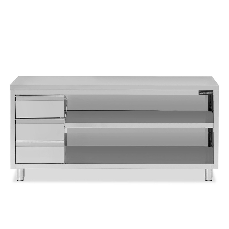 Tavolo a giorno in acciaio inox con 3 cassetti sul lato sinistro, L 2200 mm x P 700 mm x H 850 mm