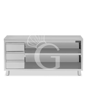 Tavolo a giorno in acciaio inox con 3 cassetti sul lato sinistro, L 2400 mm x P 600 mm x H 850 mm