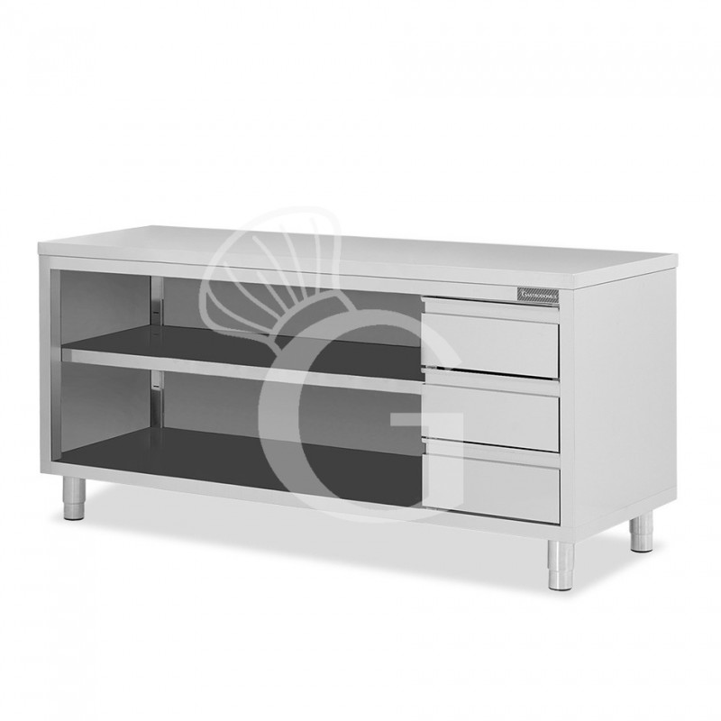 Tavolo a giorno in acciaio inox con 3 cassetti sul lato destro, L 2200 mm x P 700 mm x H 850 mm