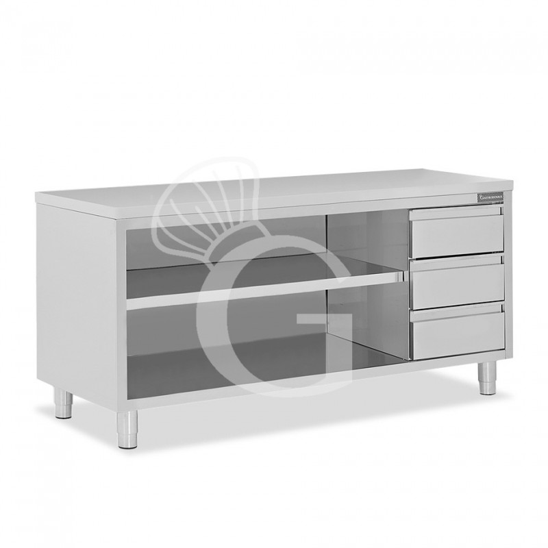 Tavolo a giorno in acciaio inox con 3 cassetti sul lato destro, L 2200 mm x P 700 mm x H 850 mm