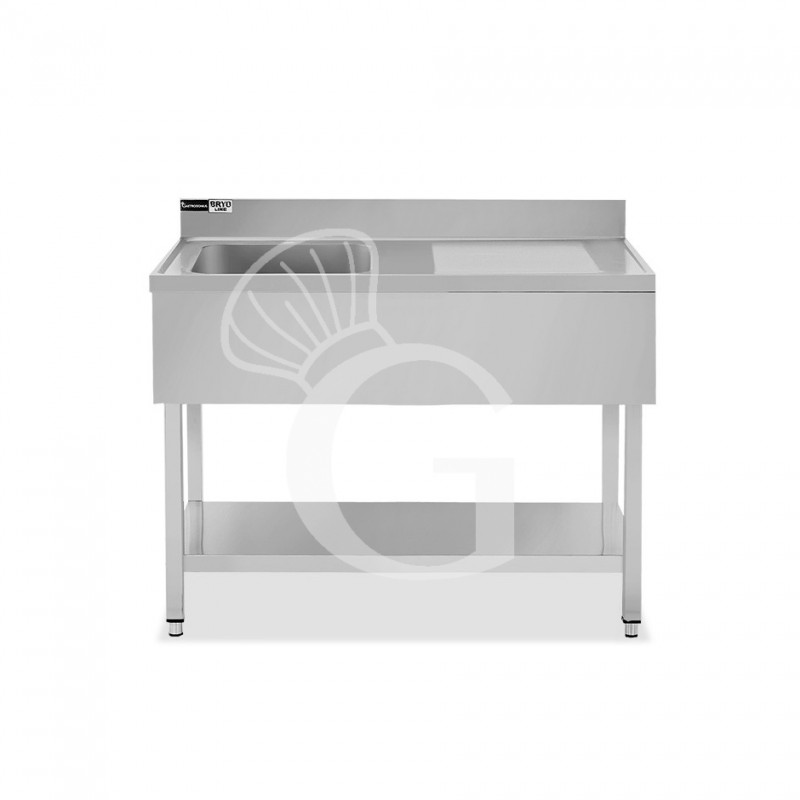 Lavello semplice 1 vasca e gocciolatoio a destra,ripiano,alzatina, L1300xP700xH965mm - con foro rubinetto Ø 32 mm