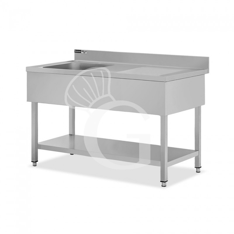 Lavello semplice 1 vasca e gocciolatoio a destra, ripiano, alzatina, L 1400 x P 700 x H 965 mm - con foro rubinetto Ø 32 mm