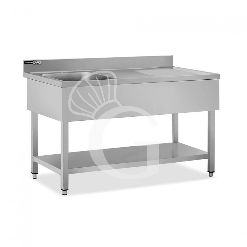 Lavello semplice 1 vasca e gocciolatoio a destra, ripiano, alzatina, L 1400 x P 700 x H 965 mm - con foro rubinetto Ø 32 mm